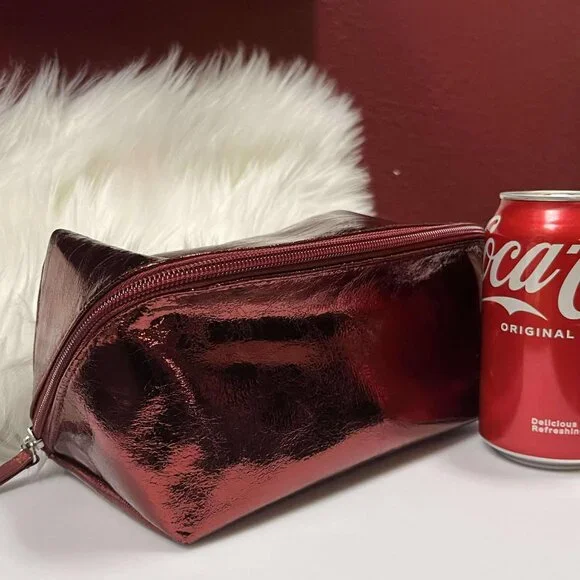 Maroon Shiny Make up bag 2 compartments zippered - Picture 4 of 4
